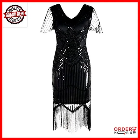 1920s Flapper Dress Sequin Fringe Midi Cocktail Party Gatsby Inspired